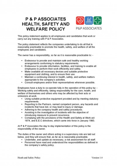 P & P Associates Health and Safety Policy